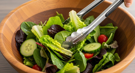 Metal salad tongs toss a fresh garden salad in a large wooden bowl. The salad contains mixed greens, spinach, romaine lettuce, cucumber slices, and cherry tomatoes.の素材