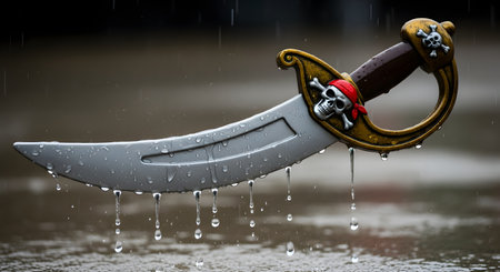A close-up of a gray and gold plastic pirate toy sword, or cutlass, lying in the rain. Raindrops are dripping from the blade and the hilt, which features a skull and crossbones, creating a moody and playful scene.の素材