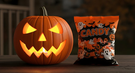 A glowing jack-o'-lantern sits on a wooden surface next to a bag of Halloween candy. The background is dark and blurry, suggesting an outdoor or porch setting at night.の素材