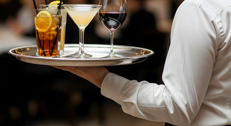 A cropped, side-view of a waiter in a crisp white shirt, skillfully balancing a silver tray with one hand. The tray holds various drinks, including a glass of red wine, a martini, and an iced tea. The background is a blurred, upscale restaurant or event.の素材