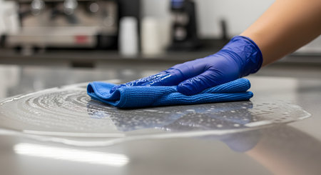 A person's hand wearing a blue disposable glove wipes a soapy, wet stainless steel surface with a blue microfiber cloth. This image represents cleaning, hygiene, sanitation, and disinfection in a commercial or domestic kitchen environment.の素材