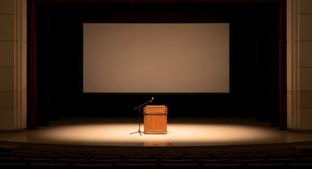 A wide shot of an empty, dark auditorium stage, lit by a single spotlight. A wooden podium with a microphone stands in the center, in front of a large, blank projection screen, with rows of empty seats in the foreground.の素材