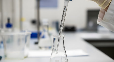 In a bright, blurry laboratory setting, a scientist's gloved hand uses a graduated pipette to drip a clear liquid into a glass conical (Erlenmeyer) flask. This illustrates a scientific experiment, research, or analysis.の素材