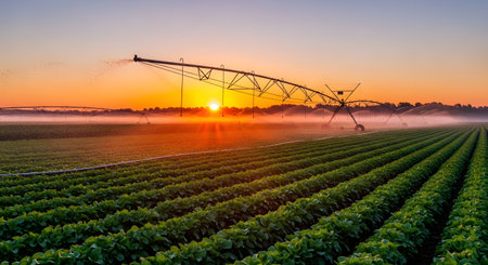 A center-pivot irrigation system waters rows of lush green crops in a large agricultural field during a beautiful sunrise. The mist from the sprinklers catches the golden light, highlighting modern farming practices and food production.の素材