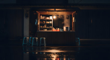 An Indonesian street food cart, or 'kaki lima,' sits on a wet street at night, its single light bulb illuminating the stall. Steam rises from a pot, and plastic stools are set up for customers. The wet ground reflects the cart's light, creating a moody, urban, and atmospheric scene.の素材