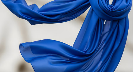 A close-up shot of a vibrant, royal blue silk or satin fabric draped and flowing against a light, blurred background. The soft, smooth texture of the textile creates elegant folds and highlights, suitable for an abstract background.の素材