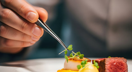 A close-up macro shot of a chef's hand using tweezers to meticulously place a microgreen garnish on a seared scallop. The gourmet dish also includes seared meat and a yellow puree, showcasing fine dining and culinary artistry.の素材