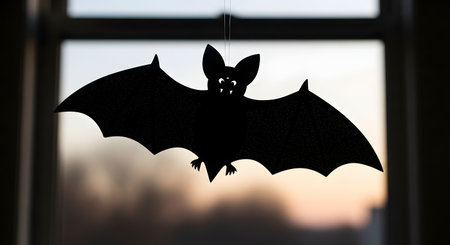 A spooky black paper bat decoration is silhouetted as it hangs in a window against the soft light of a dusk sky. This simple, festive craft is a classic symbol of Halloween night.の素材