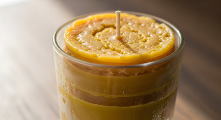 A close-up of an unlit, handmade beeswax candle in a clear glass jar, sitting on a wooden table. The natural, textured surface of the yellow-orange wax and the white wick are in sharp focus.の素材