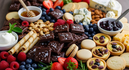 An abundant and colorful dessert and cheese platter, lavishly spread with dark chocolate, fresh berries, macarons, nuts, cheeses, mini tarts, honey, and jam. This gourmet spread is perfect for a party, celebration, or indulgent gathering.の素材
