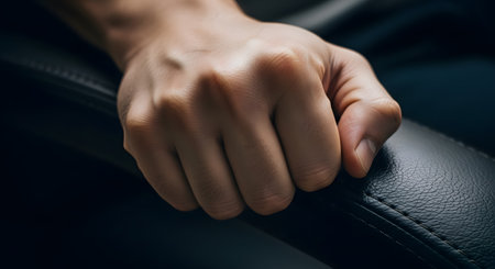 A close-up shot of a man's hand tightly gripping the black, textured leather armrest of a chair. The knuckles are tensed, suggesting stress, anticipation, or focus. The lighting is dramatic and low-key.の素材