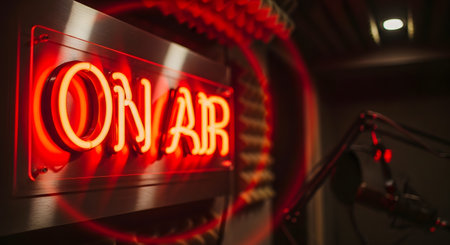A close-up, angled shot of a rectangular 'ON AIR' sign, illuminated with bright red neon letters. The sign is mounted in a recording studio, with a microphone visible in the blurred background. The red light creates a circular lens flare.の素材