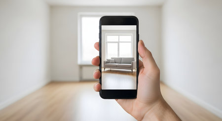 A hand holds a smartphone displaying an augmented reality (AR) app used for interior design. The phone's screen shows a virtual gray sofa placed in an otherwise empty room with hardwood floors and a large window. This image illustrates concepts of technology, AR, virtual reality, home improvement, and e-commerce.の素材