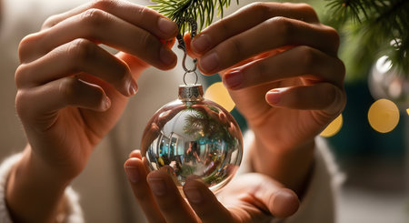 A close-up of two hands gently holding a shiny, reflective silver Christmas ornament. The bauble reflects the person and the room, while a green pine branch hangs above and soft bokeh lights glow in the background, capturing a moment of holiday decorating.の素材