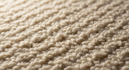 A close-up, macro shot of a soft, beige fleece or sherpa fabric. The looped and fluffy texture of the warm, cozy wool material is shown in detail with selective focus, creating a comfortable background.の素材