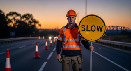A serious construction worker stands on a road at dusk or dawn, holding a yellow 'SLOW' sign to direct traffic. He is wearing a bright orange high-visibility vest, a hard hat, and looks directly at the camera, with traffic cones and road work visible in the background. The image conveys themes of safety, caution, and infrastructure maintenance.の素材