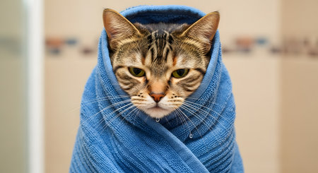 A close-up portrait of a grumpy-looking tabby cat wrapped snugly in a blue terry cloth towel. The cat's face is the only part visible, and it has a displeased or annoyed expression, with a small water droplet on its whiskers, suggesting it just had a bath.の素材