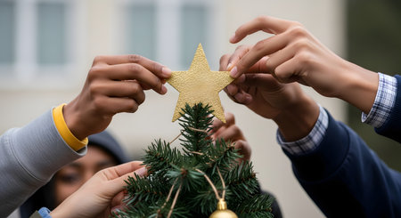 The hands of several diverse people come together to place a gold glitter star on top of a small Christmas tree. This close-up shot captures a moment of teamwork, unity, and festive holiday celebration.の素材