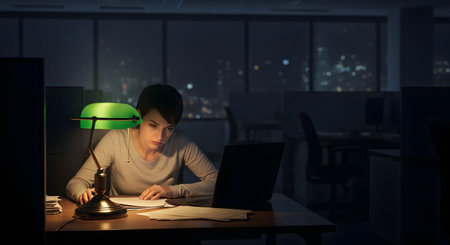 A young woman works late at night in a dark, empty office. She is sitting at a desk, illuminated by a classic green banker's lamp, reviewing documents next to a laptop. The city lights are visible through the large window behind her.の素材