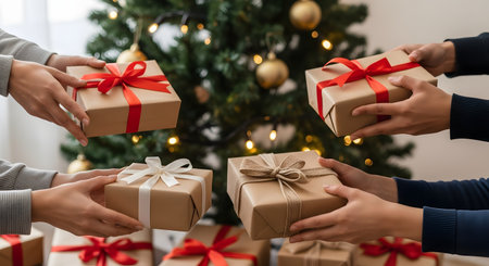 Multiple pairs of hands are seen exchanging beautifully wrapped Christmas gifts in front of a blurred,decorated Christmas tree with warm lights. The gifts are in brown paper with red and white ribbons,symbolizing holiday giving and celebration.の素材