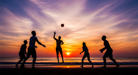 A silhouette of a group of young friends playing volleyball on a beach during a vibrant sunset. The sun is setting over the ocean, casting a warm orange and purple glow, while one player jumps to spike the ball.の素材