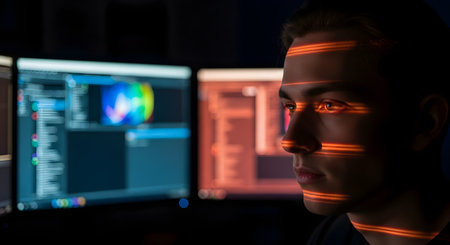 A young man is intensely focused on his work in a dark room, his face illuminated by the striped light from multiple computer screens. The monitors display complex data and graphics, suggesting a programmer, developer, or data analyst working late.の素材