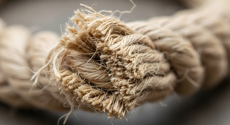 A detailed macro shot of a thick, heavy-duty rope made from natural fibers like jute or sisal. The focus is on the frayed end, revealing the intricate texture and twisted strands of the cordage.の素材
