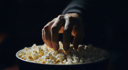 A close-up shot of a hand reaching into a large bowl of popcorn in a dark environment, likely a movie theater or while watching a film at home. The dramatic lighting highlights the hand and the popcorn, symbolizing entertainment, cinema, and snacking.の素材