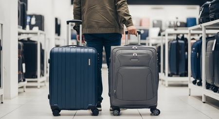 A man, seen from the back, stands in a luggage store while deciding between two rolling suitcases. He holds the handle of a blue hard-shell suitcase and a grey soft-shell suitcase, comparing them before a trip. The store's shelves are stocked with various other luggage options in the background.の素材