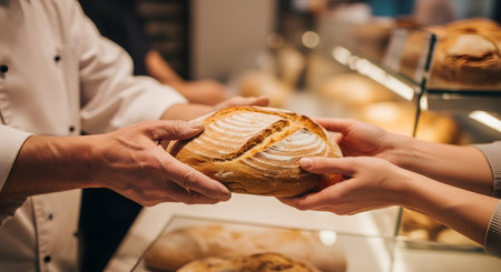 A close-up of a baker's hands in a white uniform, handing a fresh, crusty loaf of artisan sourdough bread over a counter to a customer's hands. The bakery display case is visible in the background.の素材