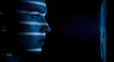 A woman's face is seen in profile in a dark room, with horizontal blinds of light from a computer or TV screen projected onto her skin. The image evokes themes of technology, media consumption, surveillance, and digital life.の素材