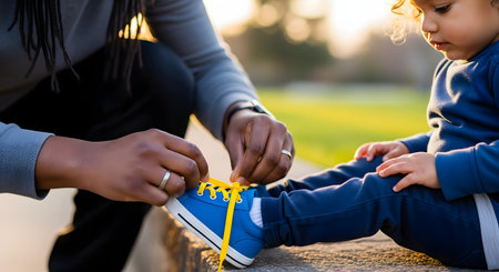 A tender, close-up moment showing a father's hands carefully tying the bright yellow shoelaces on his young child's small blue sneaker. The image captures a moment of care, parenting, and teaching, set outdoors in soft, warm light. The focus is on the hands and the shoe, symbolizing guidance and love.の素材