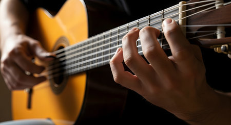 A close-up shot of a musician's hands playing an acoustic guitar. The right hand is strumming near the soundhole,while the left hand is pressing down on the strings to form a chord on the fretboard.の素材