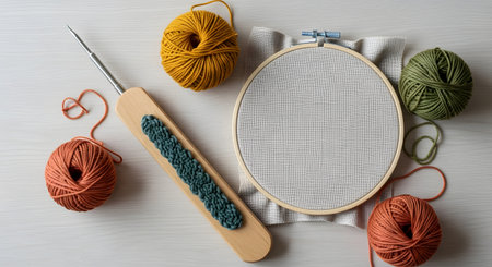 A flat lay of punch needle embroidery supplies on a light wooden surface. The image includes a punch needle tool, an embroidery hoop with stretched canvas, and several balls of colorful yarn, representing a creative hobby or DIY craft project.の素材