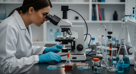 A focused female scientist in a white lab coat and blue protective gloves looks intently through a microscope in a modern laboratory. The workbench is filled with various scientific equipment, including beakers, test tubes, and petri dishes, suggesting research, analysis, or an experiment in progress.の素材