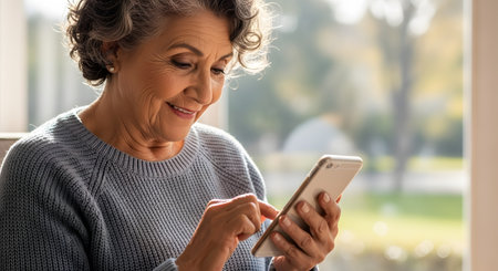 A happy senior woman with curly grey hair is smiling as she uses her smartphone. She is sitting indoors near a window, enjoying technology and staying connected with family or friends.の素材