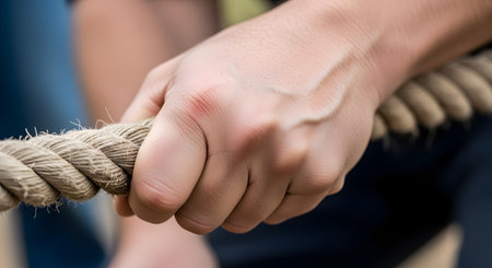 A close-up, macro shot of a person's hand gripping a thick, coarse sisal rope very tightly. The knuckles are white and prominent veins are visible on the back of the hand, clearly showing strain, effort, and determination. This image conveys concepts of strength, struggle, hard work, and tension.の素材