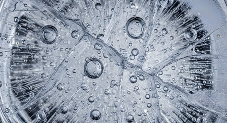 A macro, abstract-like photograph looking through a glass of clear, sparkling water. The ice is cracked and filled with numerous trapped air bubbles of various sizes. The image conveys concepts of cold, refreshment, and purity.の素材