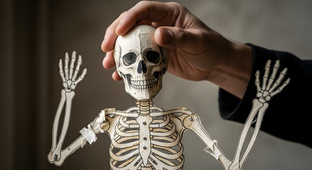 A hand holds the head of a jointed, waving paper skeleton puppet against a dark background. This image captures a creative, spooky, and handmade concept perfect for Halloween, Day of the Dead, or DIY craft projects.の素材
