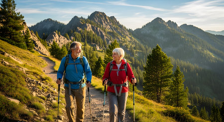 An active, smiling senior couple enjoys a hike on a sunny day, walking along a trail in a beautiful mountain landscape. They both use trekking poles and carry backpacks, representing a healthy, active retirement and outdoor lifestyle.の素材