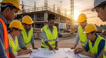 A diverse group of construction workers, architects, and engineers in hard hats and safety vests gathers around a table at a building site during sunset. A female leader points to blueprints, discussing plans as the team looks on, representing teamwork, engineering, and development.の素材