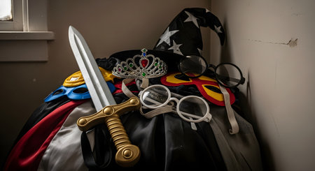 A messy pile of children's dress-up costumes and props in a corner. The collection includes a toy sword, a princess tiara, a wizard hat, masks, and novelty glasses, evoking themes of imagination, play, and childhood.の素材