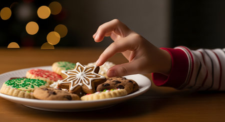 A child's hand reaches to take a star-shaped gingerbread cookie from a white plate full of assorted Christmas cookies. In the background, blurred holiday lights create a warm and festive bokeh effect, evoking holiday traditions and sweet treats.の素材