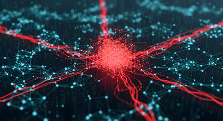 An abstract 3D visualization of a complex digital network, with a glowing red central node representing a cyber threat, virus, or AI core. Red and blue light trails and nodes connect across a dark background, symbolizing data flow, artificial intelligence, or a security breach.の素材