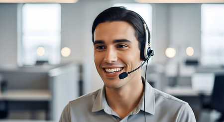 A cheerful young male customer service representative is smiling while wearing a headset in a modern office. His positive expression suggests excellent support and effective communication in a professional business environment.の素材