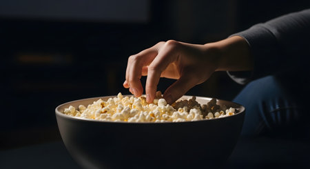 A person's hand reaches into a large bowl of popcorn in a dark room. The dim lighting suggests they are watching a movie or show. This image captures a moment of snacking, leisure, and entertainment at home.の素材