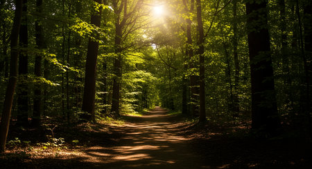 A tranquil dirt path winds through a dense, green forest. Bright sunlight streams through the tall trees and lush canopy, creating beautiful light beams and dappled shadows on the trail. The scene evokes peace, nature, and a sense of journey.の素材