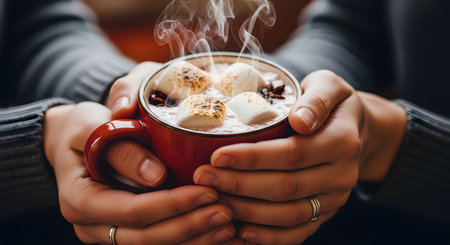 A close-up shot of a person's hands in a cozy grey sweater,cupping a red mug of hot chocolate. The drink is topped with three large,toasted marshmallows and star anise,with steam rising from the warm beverage.の素材