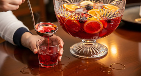 A person's hand uses a metal ladle to serve steaming hot red fruit punch from a large, decorative glass punch bowl into a small glass. The punch is filled with slices of orange, lemon, and various berries. The scene takes place on a wooden table, with small water rings visible.の素材