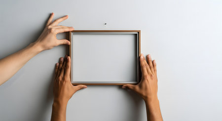 Two people's hands are positioning an empty wooden picture frame on a light grey wall, ready to hang it on a nail. The blank space inside the frame provides a perfect mockup for art, photos, or text.の素材